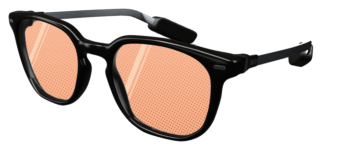 E1O glasses with polished black frames and translucent orange halftone lenses.