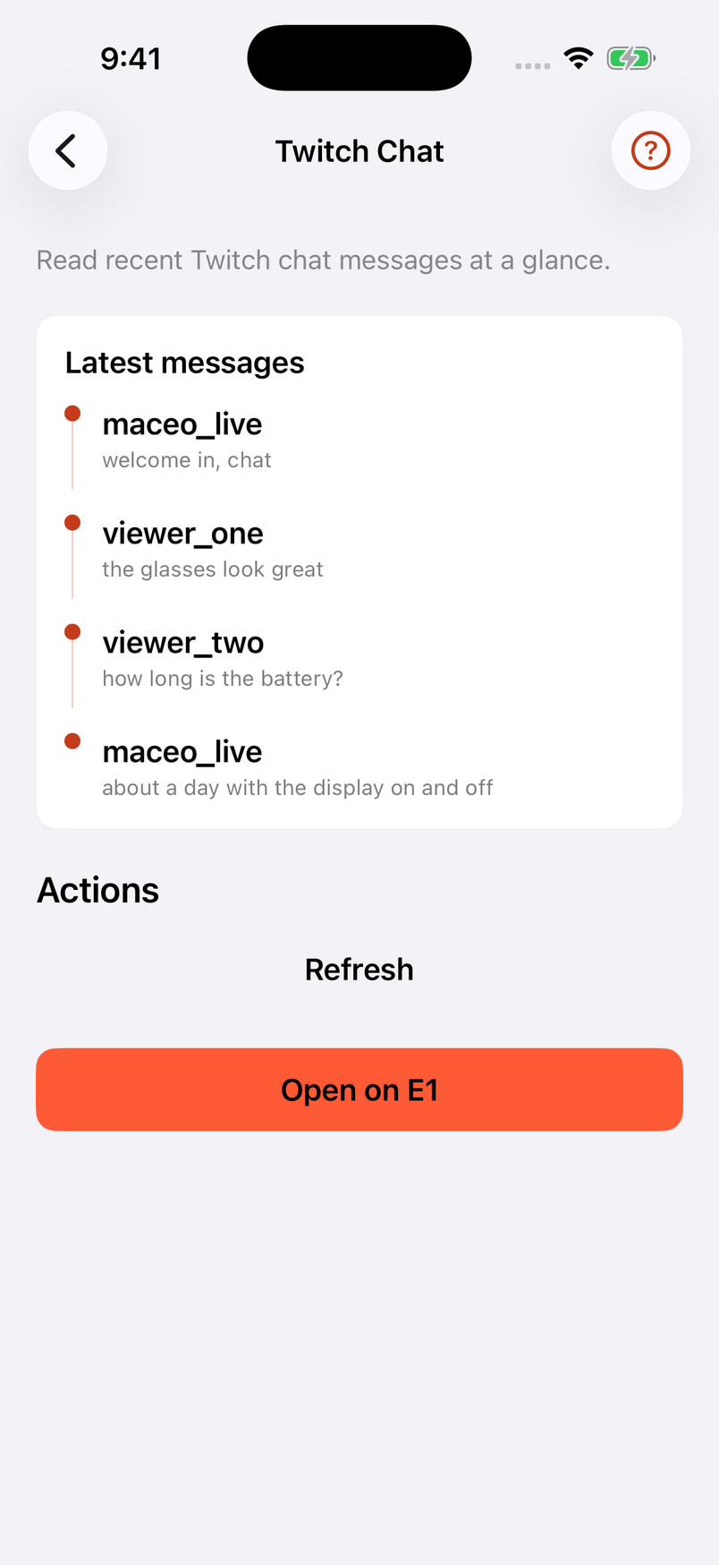 Actual E1O app showing recent Twitch Chat messages and its Open on E1 control