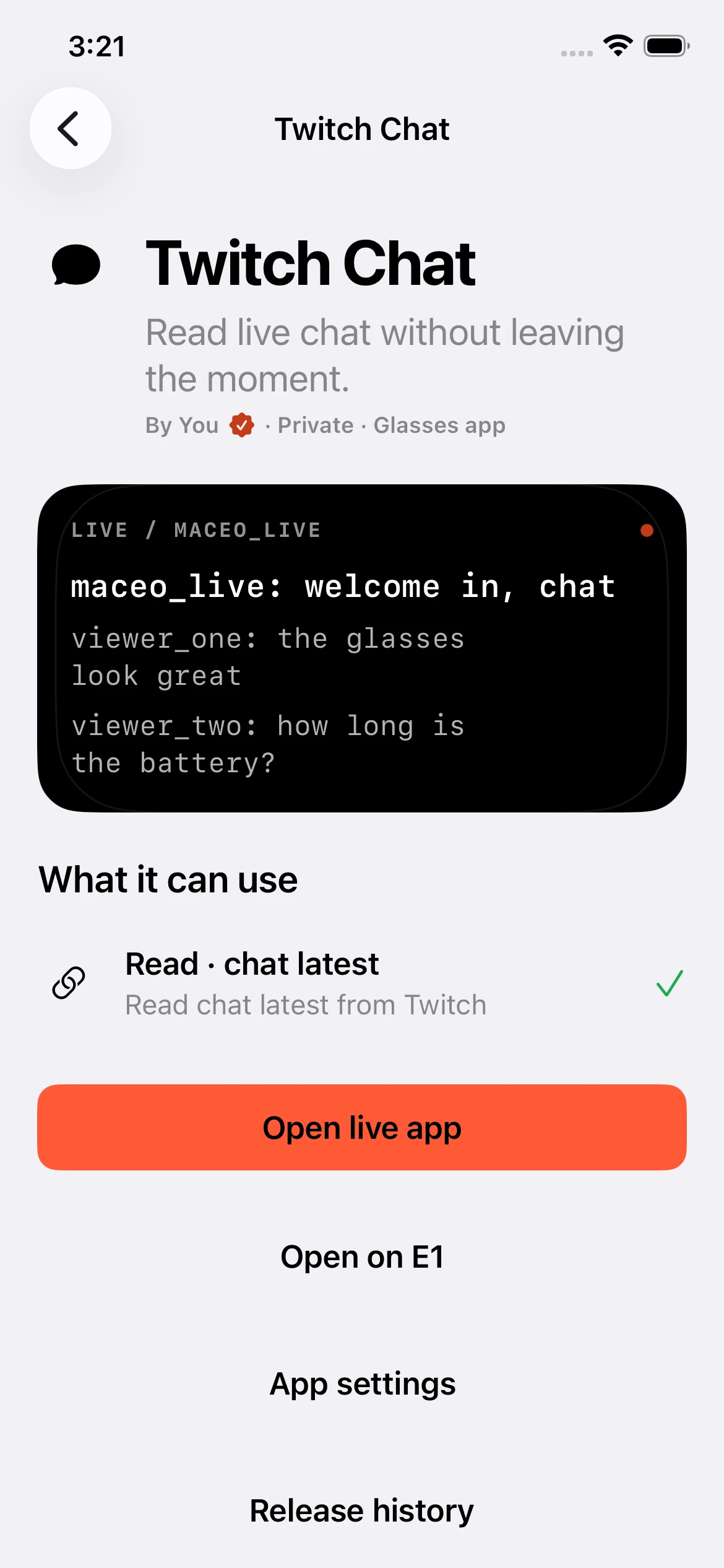 Actual E1O app showing Twitch Chat, channel settings and its Open live app control