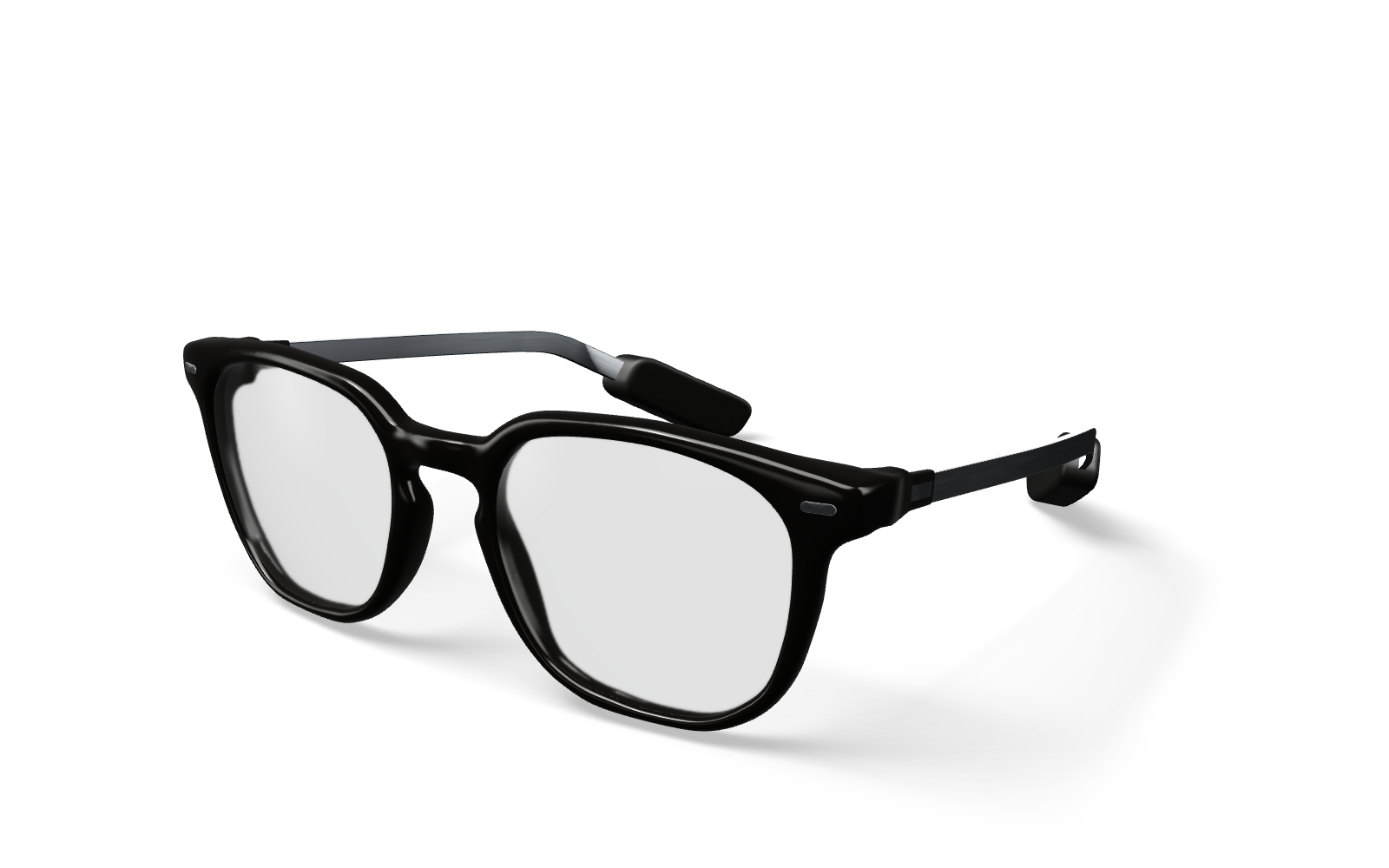 E1O glasses with a polished black front, rounded metal arms, and substantial rear temple housings.