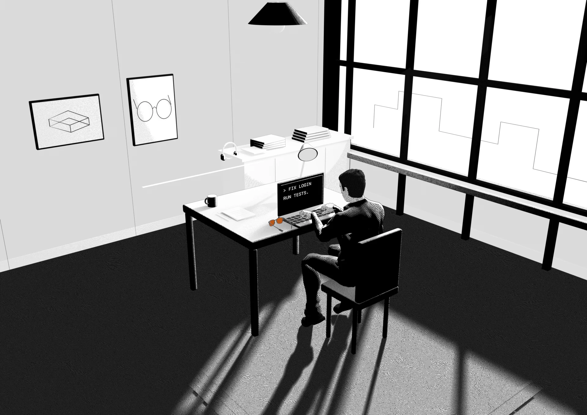 Ink-drawn room with a man working at a desk