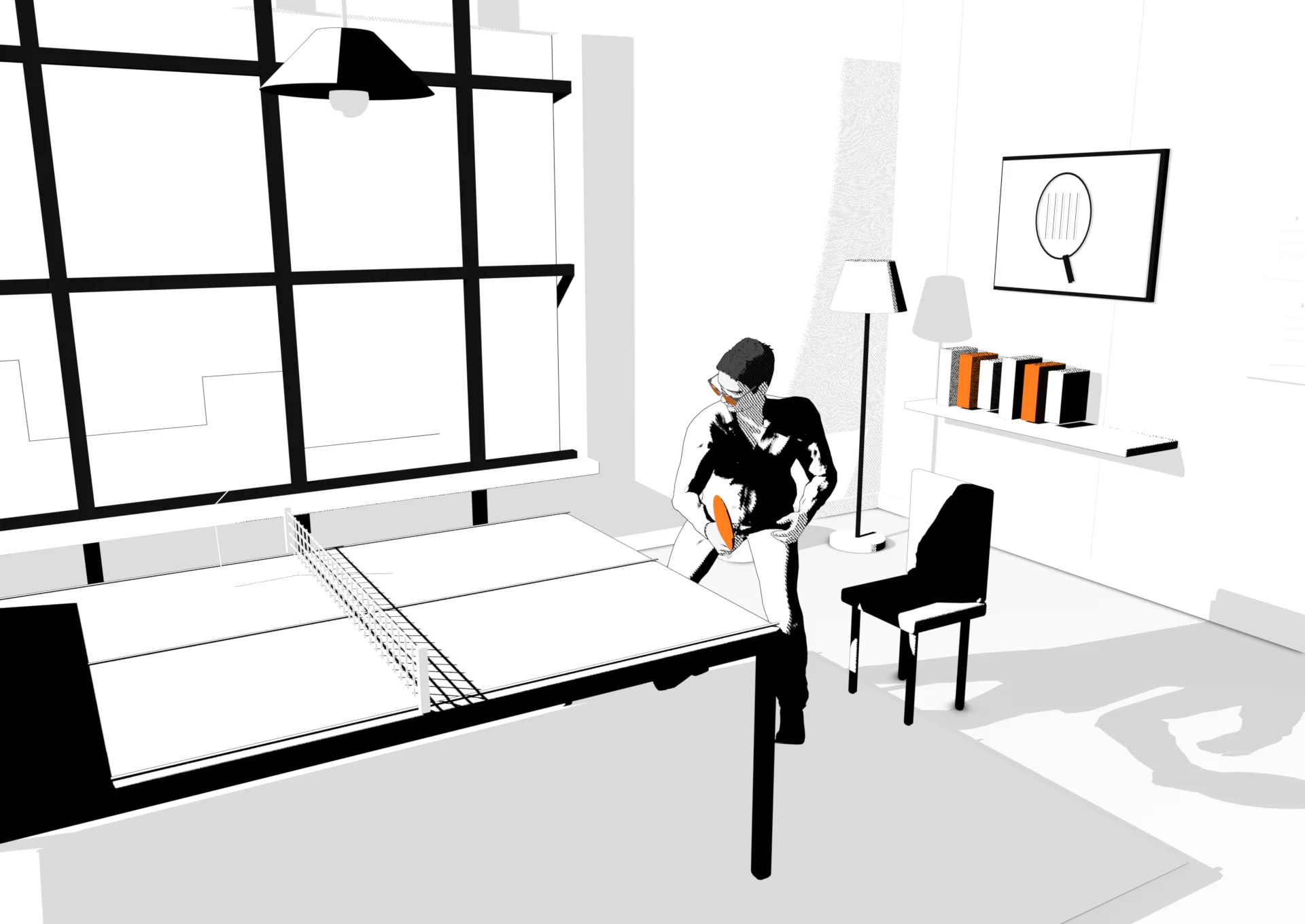 E1O comic: a person plays table tennis while a coding agent works on their Mac.
